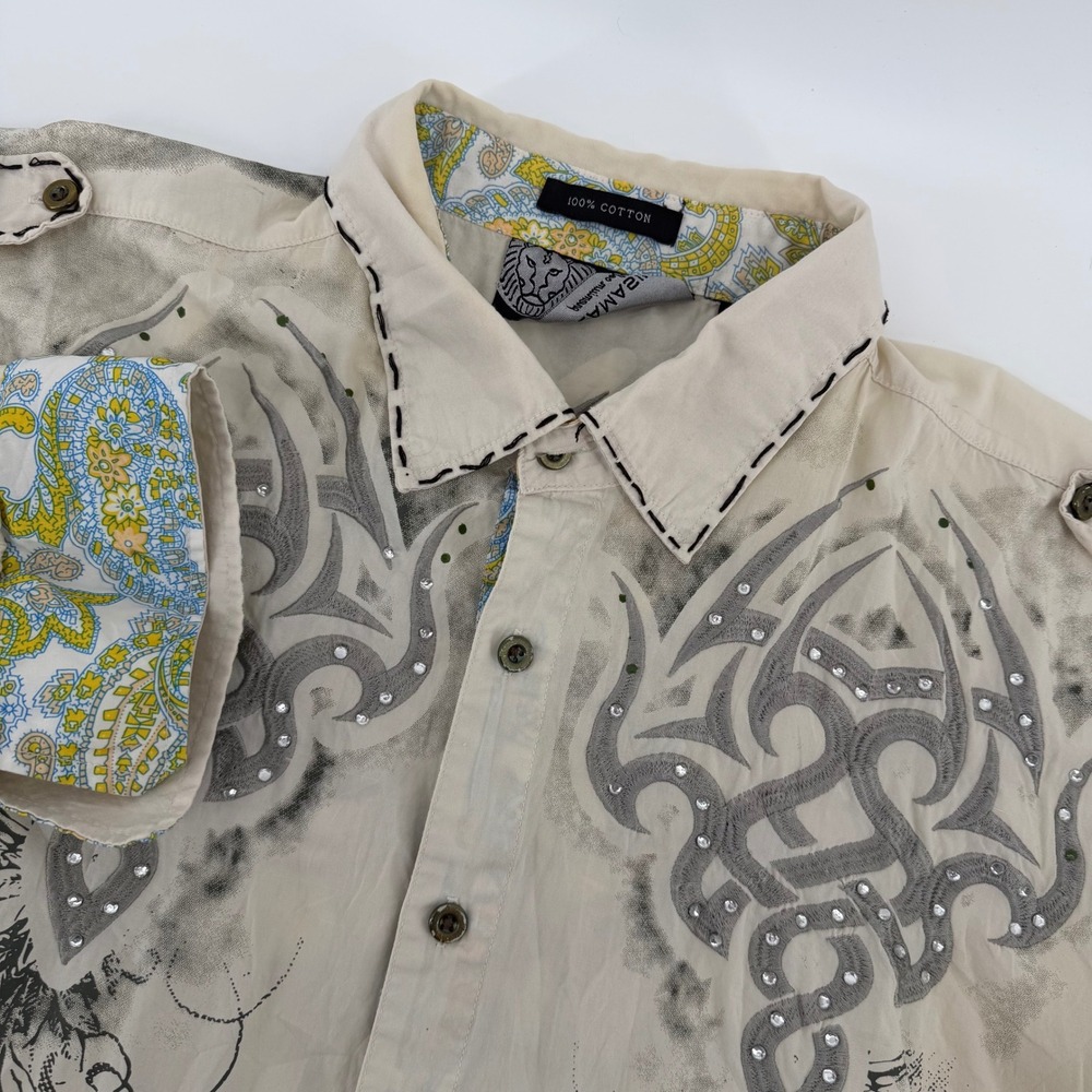 Lamasini Button Down Shirt Mens XL Cream Tribal Rhinestone Paisley Y2K Edgy